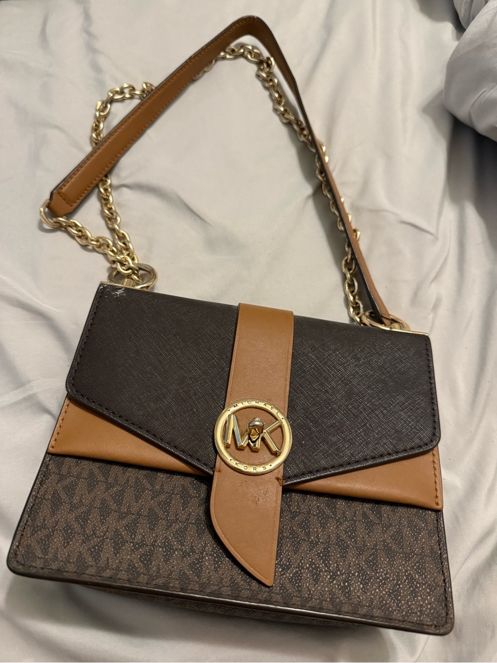 Michael Kors Brown and Tan Logo-Accent Chain Crossbody
